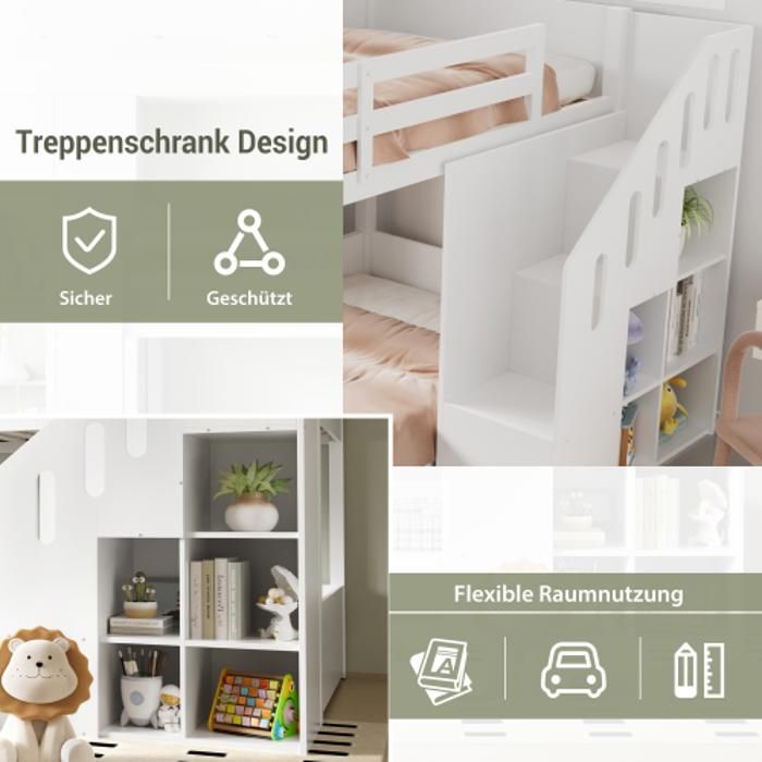 Lit Superposé Enfant 90x200 Cm Avec Rangement Hydraulique – Bois Massif, Blanc, Sommier à Lattes, Sans Matelas