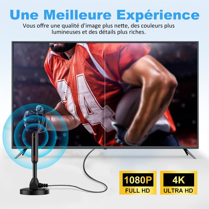 Antenne TV Intérieure Numérique - Base Magnétique, Réception 360° Longue Distance - Compatible 4K/1080P - Câble 3m