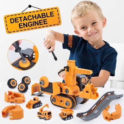 Eucomir 4-en-1 Véhicules De Construction – Excavatrice, Bulldozer, Rouleau, Brise-béton – Démontable Avec Tournevis – Dès 3 Ans