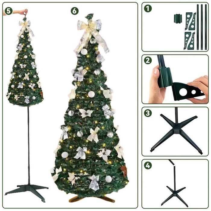 Sapin De Noël Artificiel Pop-up LED 120/150cm - Pré-éclairé USB, Branches PVC - Pliable Et Réutilisable - DIY Décoration