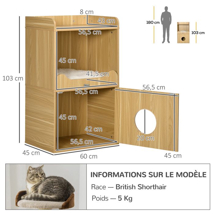 Cache-litière Pour Chat 2 En 1 - Table D'appoint Avec Rangement - 86 X 48 X 52 Cm, Blanc - Cloison Amovible, 2 Portes - 3