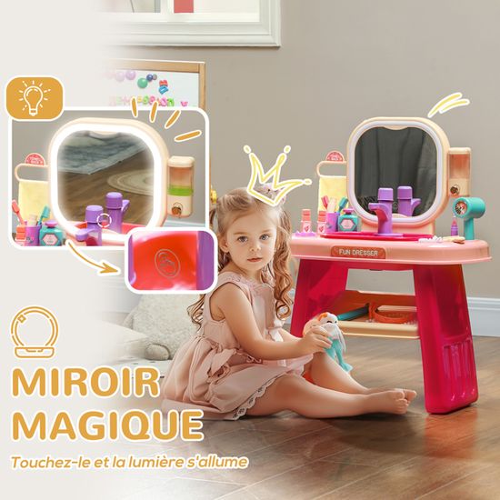 Coiffeuse Enfant 2 En 1 Avec Miroir Et Lumières LED - Bureau Fille 3-8 Ans - Blanc Avec Tabouret