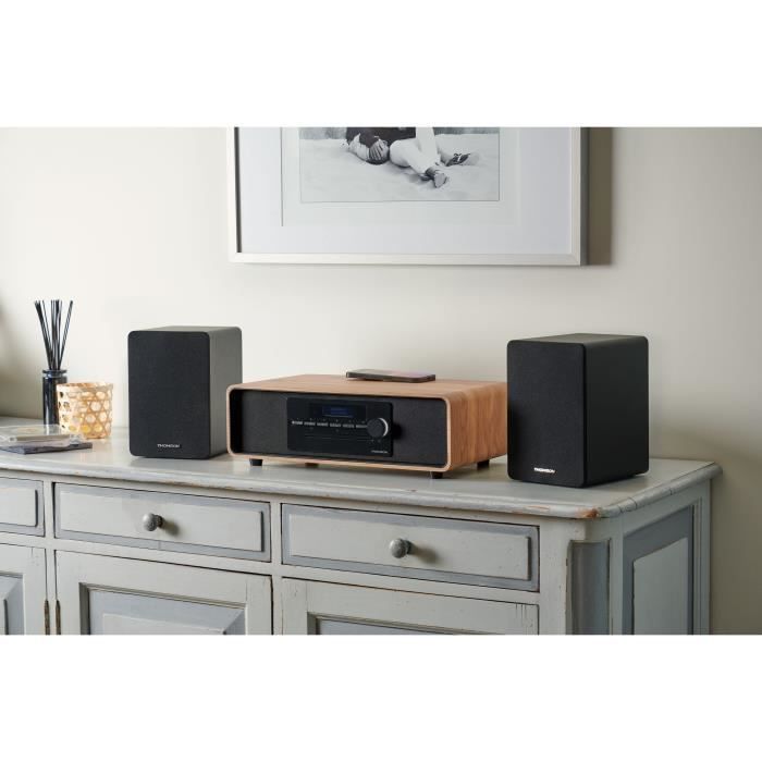 Micro-chaîne Bluetooth avec platine - THOMSON - Noir/Bois - Radio FM/CD/MP3/ USB, 60W, Tourne-disques, Égaliseur, Alim. 230V - TV Son Photo