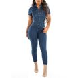 Combipantalon Femme Casual Slim Combinaison en Denim à Manches Courtes Vintage Jumpsuit Stretch Skinny Taille Haute Bleu-0