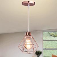 U-Do Lustre Suspension design Vintage Lampe Cage forme Diamant mini en Fer Or Rose E27 Plafonde Brillant pour Salon Cuisine