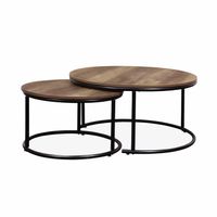 Lot de 2 tables gigognes rondes métal noir. décor bois - Loft - encastrables. 1x Ø77 x H 40cm / x1 Ø57 x H 35cm