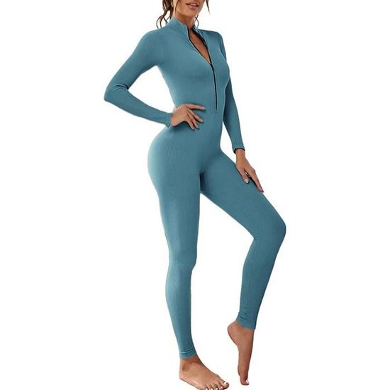 Combinaison Sport Femme - Shorty Manches Courtes Avec Fermeture éclair - Tissu Uni Confortable Et Respirant - Pour Yoga, Fitness, Loisir