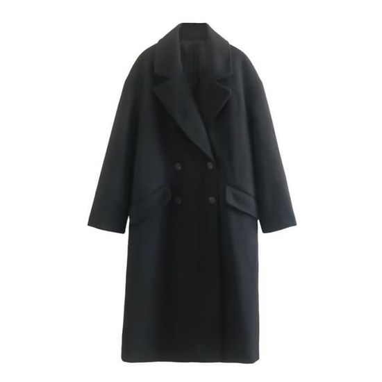 Manteau femme - Printemps Automne - Double boutonnage - Couleur unie Noir - Cdiscount Pr??t-?�-Porter