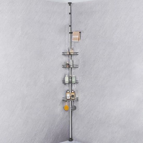 Étagère Télescopique Angle Douche 4 étages - Acier Inoxydable, Réglable 105-300 Cm, Porte-serviettes Inclus