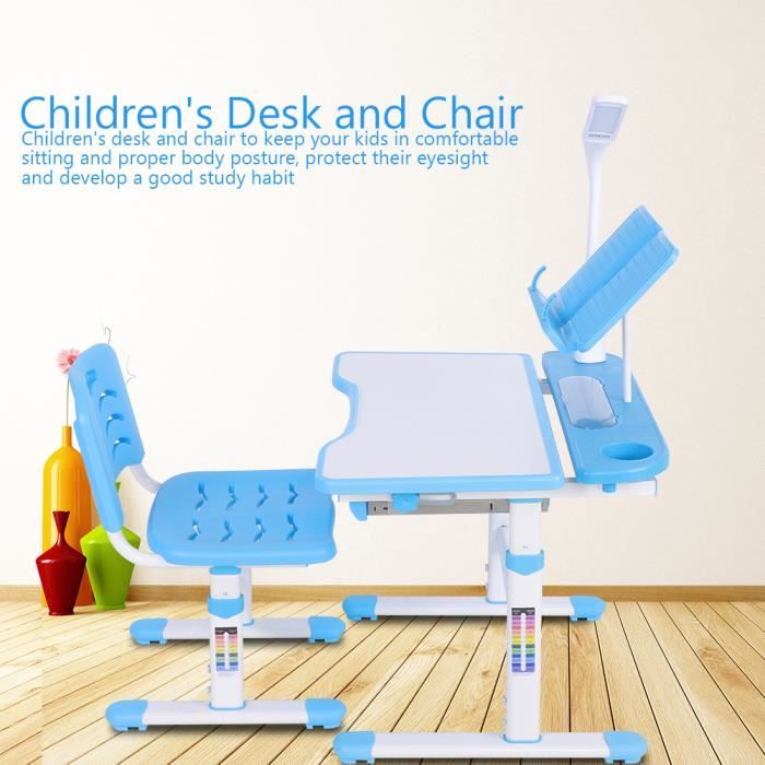 Set Bureau Chaise Pour Enfant, Ergonomique Table Hauteur Ajustable Plaque Inclinable Avec Lampe d'étude