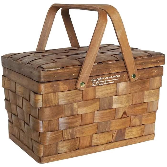 Panier de pique-nique en osier avec couvercle et double poignée Style vintage tissé Café clair