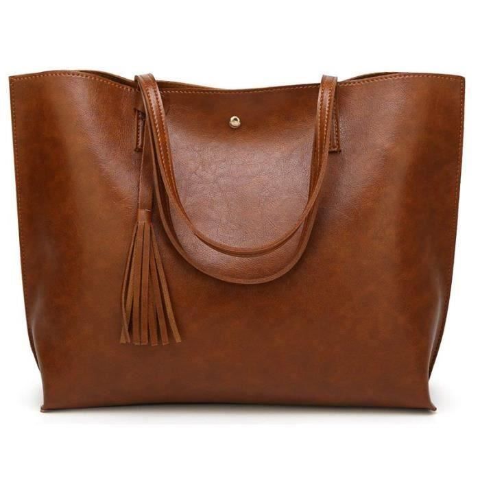 Grand Sac a Main Femme PU en Cuir, Sac Fourre-Tout Portes Epaule Bandouliere Simple(Marron)