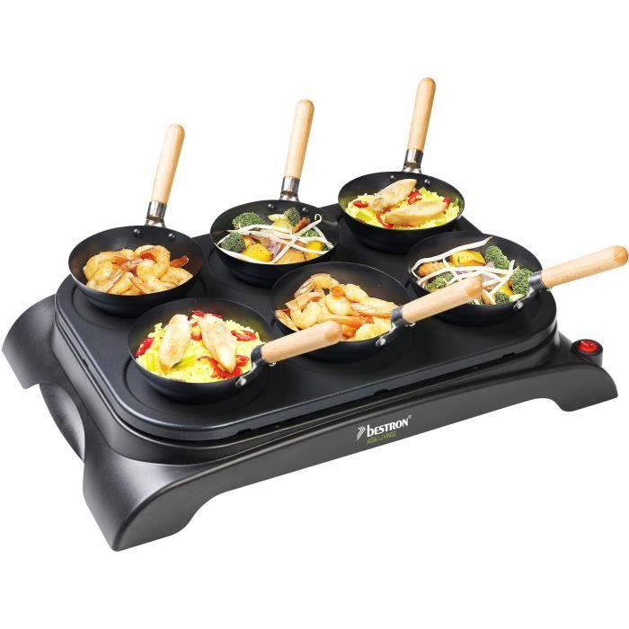 Bestron Service Party Wok électrique, Grill de table avec mini poêles wok pour 6 personnes, 1000 Watts, Couleur: noir