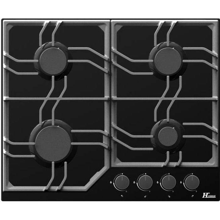 HTGTR4VN - Table de cuisson 4 Foyers Gaz Encastrée 60 cm – Verre Noir – L 58xl 51xH 5cm – Allumage automatique – Sécurité Thermocoup