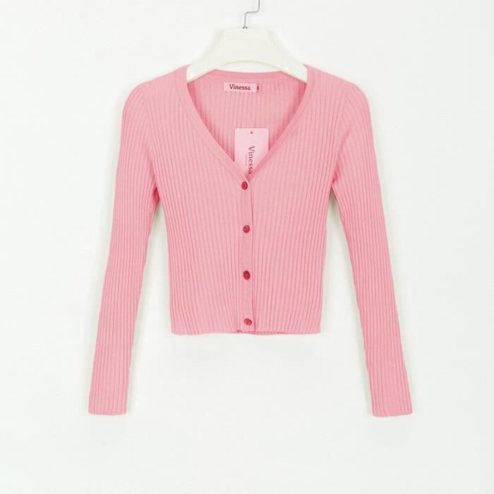 PULL,Boutons Sexy Pull tricoté femmes Cardigan Femme chandails rose automne hiver chandails recadrée Cardigan Femme - Type Rose