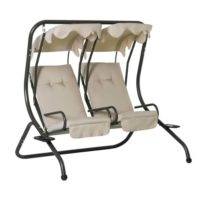 Outsunny Balancelle de Jardin 2 Places indépendantes 2 tablettes Supports Coussins Assise Dossier Acier Noir Polyester Beige