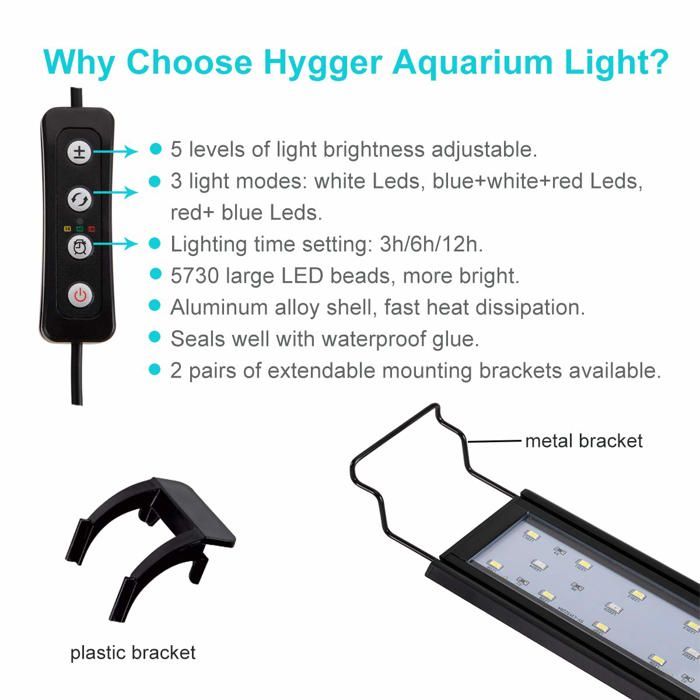 Éclairage LED pour aquarium - HYGGER - 30 cm - DC12V/9W - 3 modes couleur - Minuterie 3/6/12h