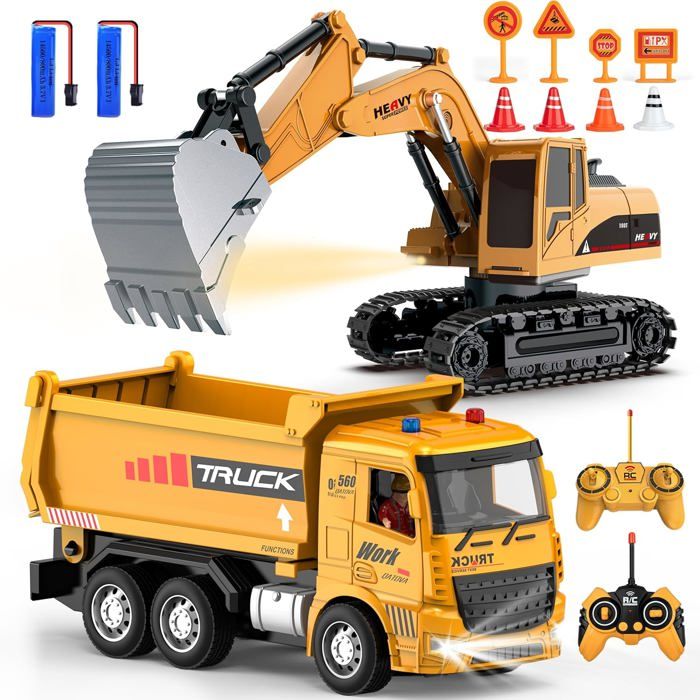 Kit Jouet Chantier RC : Pelleteuse + Camion Benne Avec Accessoires - Pour Enfants Dès 3 Ans !