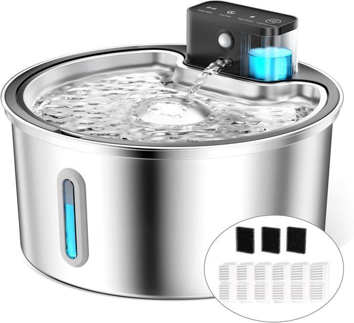 Meilleurs prix pour Fontaine à eau sans fil PawPoll 3,2 L pour chat, batterie 4 200 mAh, acier inoxydable ultra silencieuse, avec 6 filtres et 3