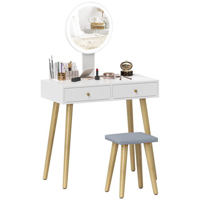 Coiffeuse Avec Miroir LED HOMCOM – Table Maquillage Blanche, 2 Tiroirs, Organisateur, Tabouret Rembourré Inclus