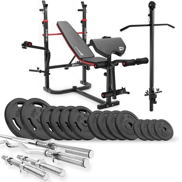 HS HOP SPORT Ensemble dhalt&egrave;res 76 kg Hop-Sport Banc de Musculation Poulie haute HS-1065 Set Disques de Poids en fonte et Barres dhalt&egrave;res 