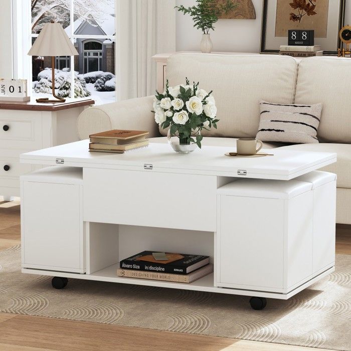 Table basse relevable 2 en 1 bureau & table à manger - Blanc - Grande capacité - Moderne & multifonctionnelle - Salon Table basse relevable 2 en 1 bureau & table à manger - Blanc - Grande capacité - Moderne & multifonctionnelle - Salon