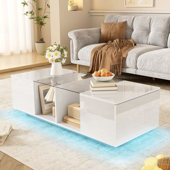 Plaque épaissieTable basse moderne blanche avec éclairage LED table haute brillance 120 x 50 x 385 cm