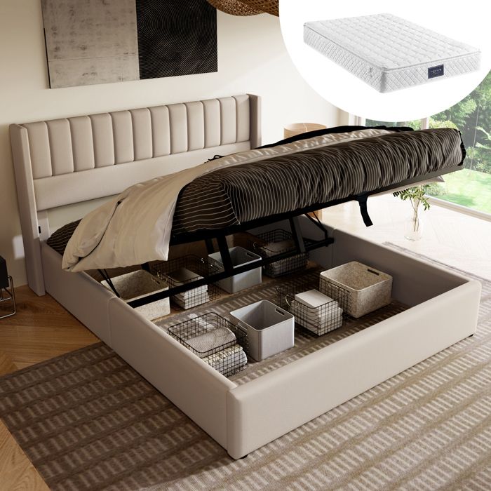 Lit avec rangement - Hydraulique - 140x200cm - Beige - Design moderne - Sommier inclus