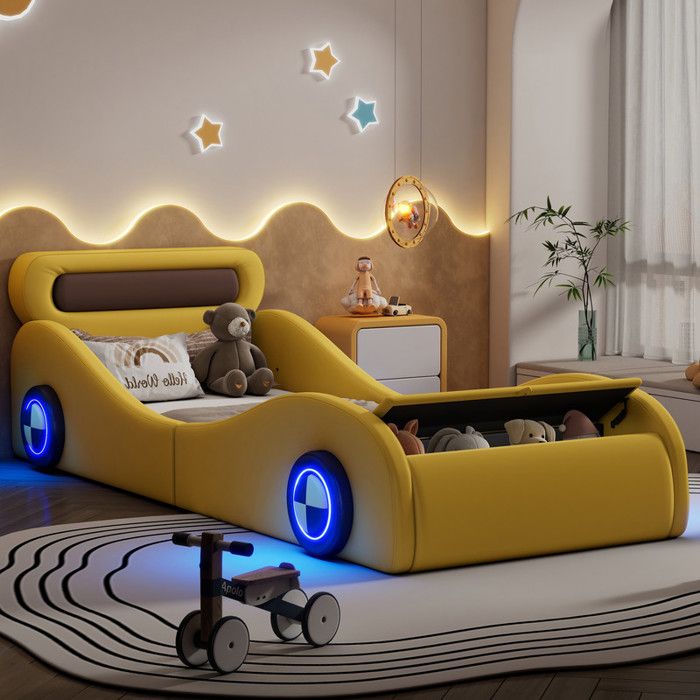 Lit rembourré voiture - TRUXEN8 - 90x200cm - Roues lumineuses - Espace de rangement - Jaune