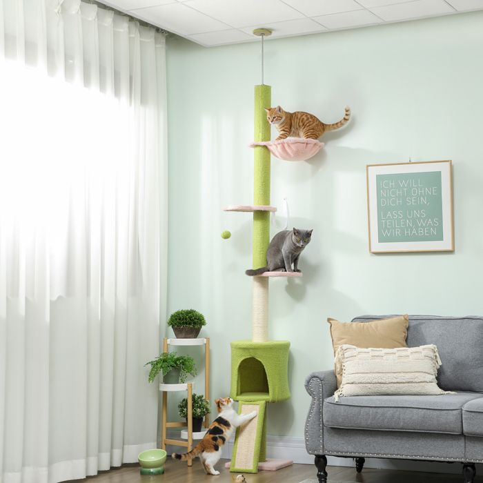 Comparer les prix de Arbre à chat du sol au plafond 5 niveaux hauteur réglable 220-240 cm plateformes fleur avec griffoir niche hamac vert
