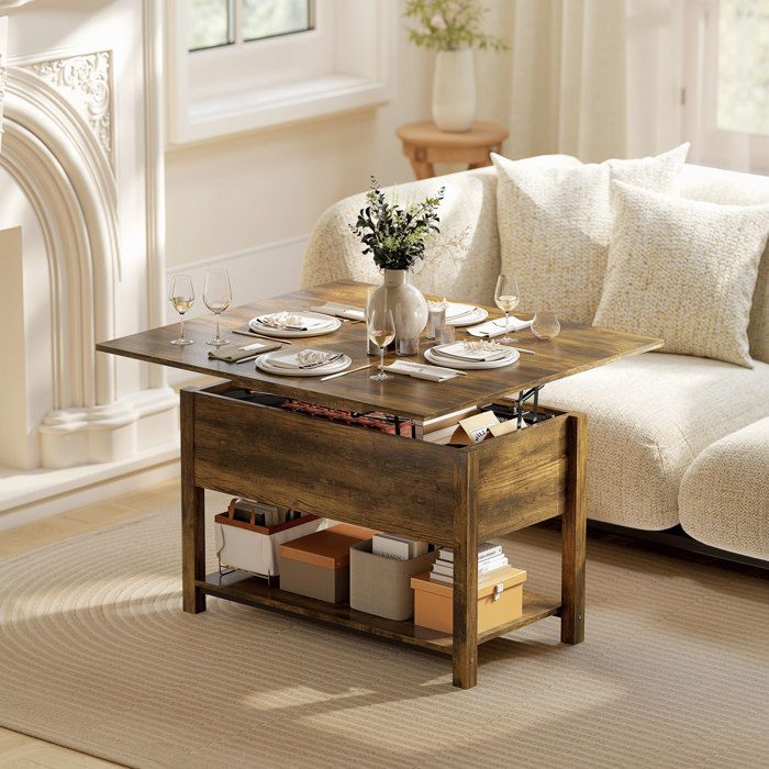 Table basse relevable et extensible table de salon avec compartiment caché étagère ouverte 100x45x505cm brun rustique