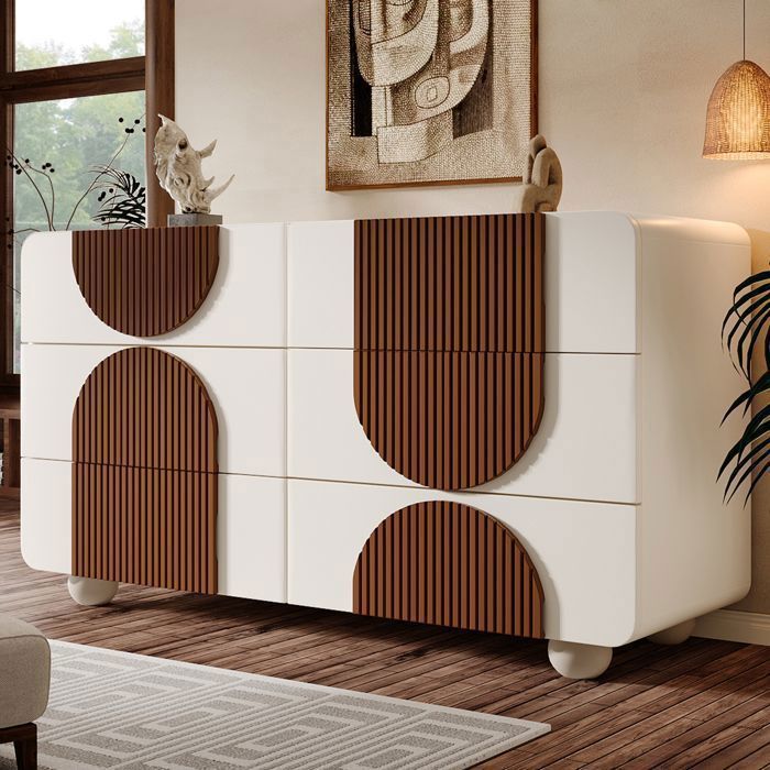 Commode avec 6 tiroirs et design courbé Élégant placard en blanc avec bandes en bois de couleur chocolat Traviers coulissants sile