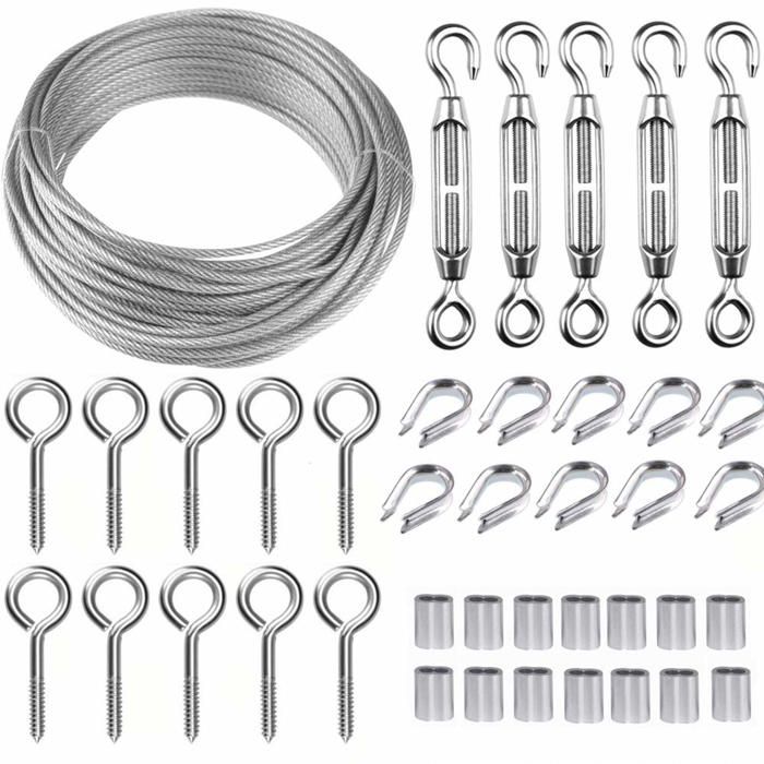 Corde en Acier Inoxydable à Suspendre Kit30M/2mm Câble en Acier Inoxydable Revêtu avec M5 TendeursKit Cable Métallique 2mm
