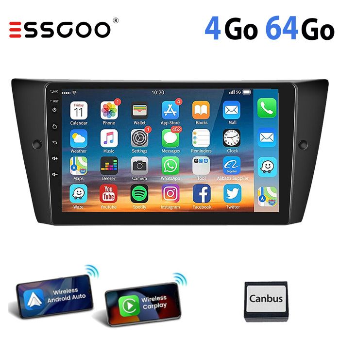 Autoradio Android pour BMW Série 3 - ESSGOO - 9 pouces - 4Go RAM - 64Go ...