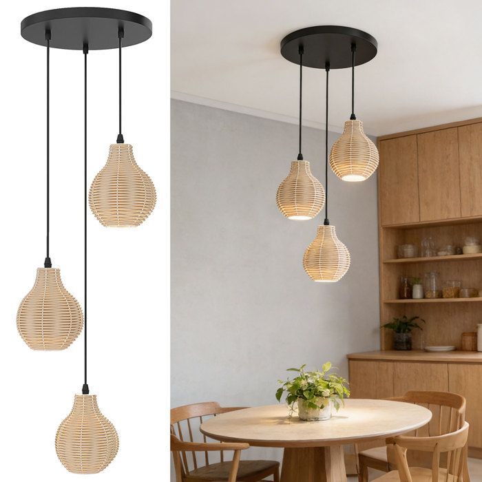 Suspension Luminaire Salon à 3 Lumières COSTWAY-en Rotin Tissé à la Main en Osier Naturel-Design Boho-Hauteur Réglable-E27 60W-Îlot