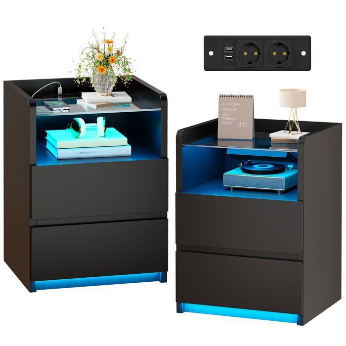 Lot de 2 Table de Chevet 40×35×60cm avec Plateau en Verre 2 USB Ports et Prises LED Réglable 2 Tiroirs Noir