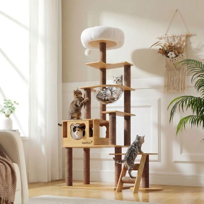 Arbre à Chat MEKIDULU 165cm - Bois Massif Facile à Nettoyer - 12 Griffoirs Sisal & Capsule Spatiale - Stable & Robuste