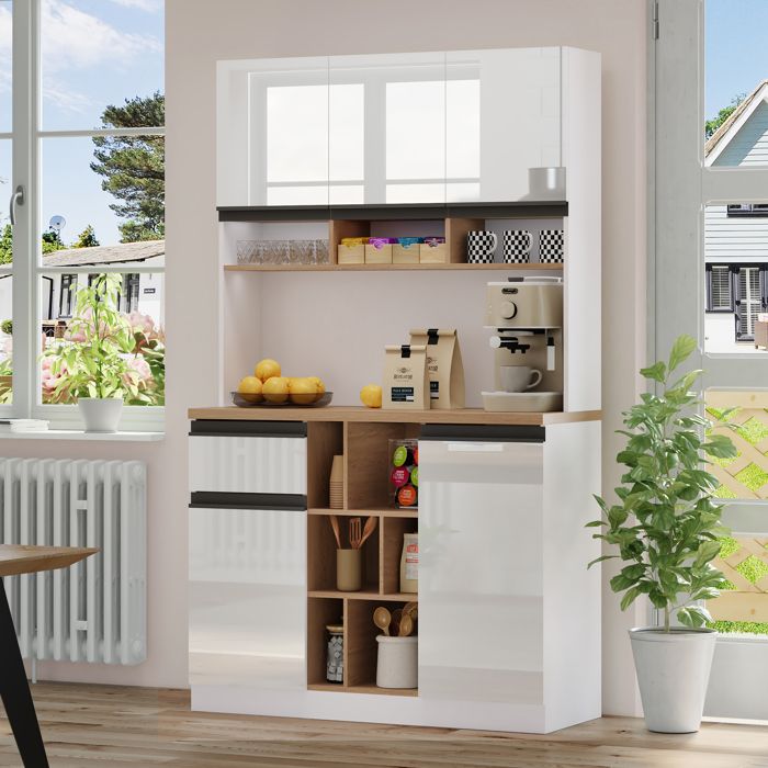 Buffet moderne blanc - RNCYN - 105x45x185 cm - Portes haute brillance - Poignées métalliques - Étagères réglables