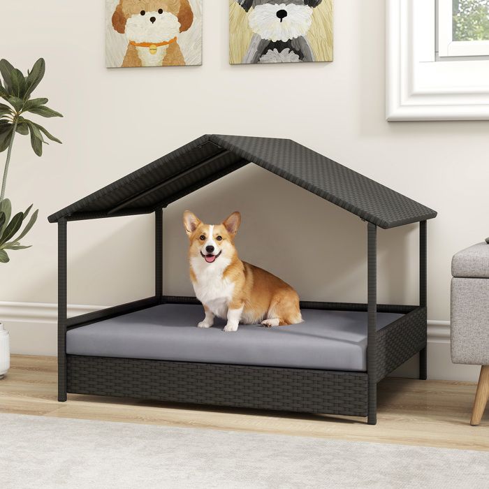 Comparer les prix de GIANTEX Lit pour Chien en Rotin PE avec Coussin-Toit en Pente-Ventilé & Imperméable-Extérieur&Intérieur-Charge 60 kg-98x68x74cm-Gris