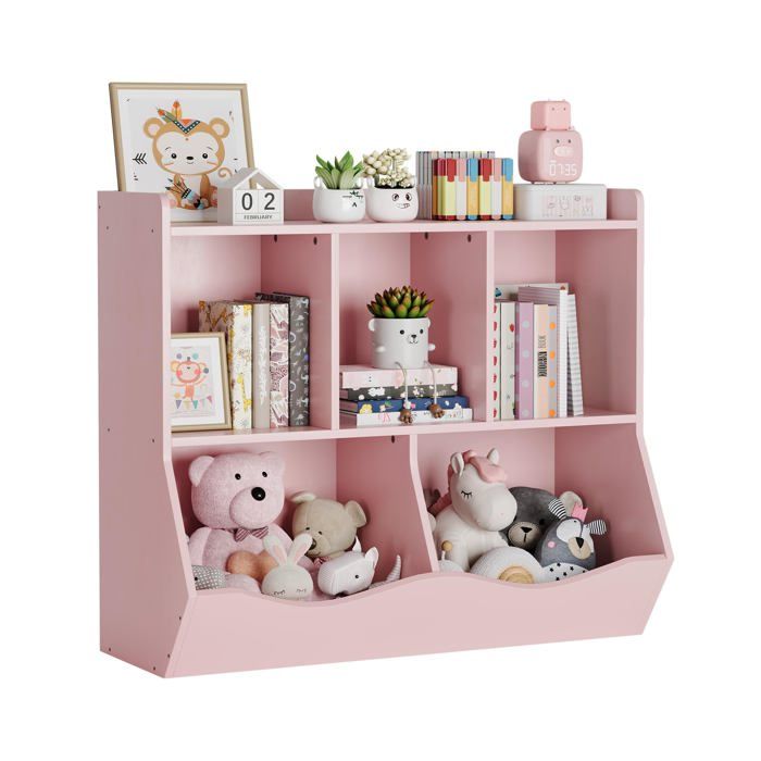 Étagère de rangement pour enfants - LUNSY - 5 en 1 - 3 étagères ouvertes - 2 boîtes inclinées - 91 5x39x80 cm - Rose