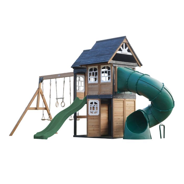 Aire de jeux - AXI - AXI Noud - 2 balançoires en bois - Toboggan tubulaire - Toboggan ondulé 220 cm
