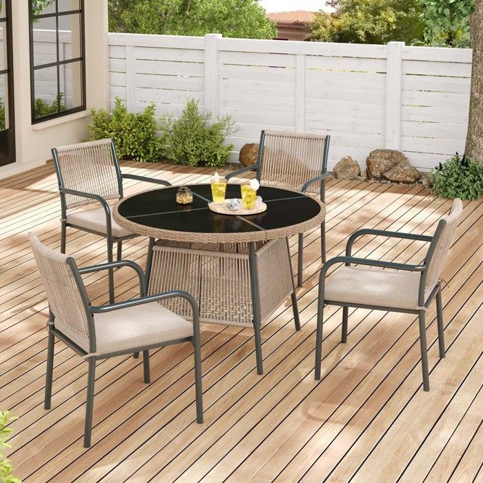 Meuble de jardin - 5 pièces - Table ronde verre trempé - Dossier corde tressée - Structure fer forgé