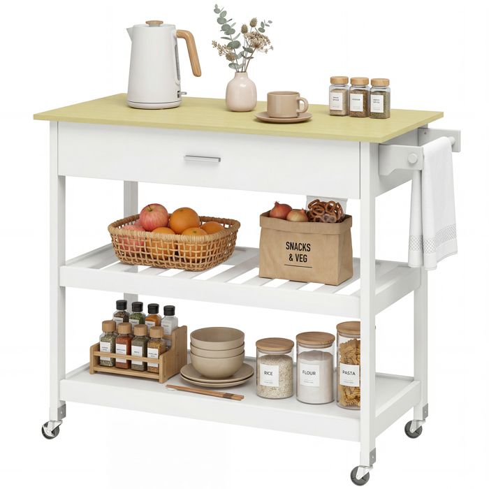 Desserte de cuisine - HOMCOM - sur roulettes - plan de travail tiroir étagères porte-serviettes - MDF - 108 8x51x92 5cm - blanc Desserte de cuisine - HOMCOM - sur roulettes - plan de travail tiroir étagères porte-serviettes - MDF - 108 8x51x92 5cm - blanc