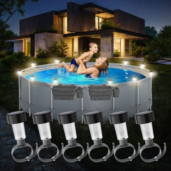 Lot de 6 lampes solaires dextérieur pour piscines hors sol encadrées accessoires de piscine étanches Blanc