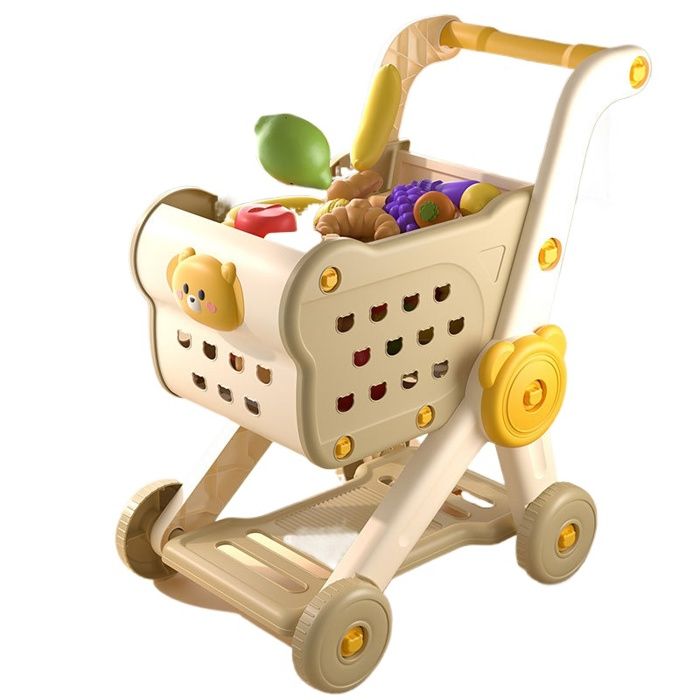 Jaune Chariot de supermarché jouet pour enfants avec fruits à couper simulation panier de courses accessoires cuisine enfant 28 pcs