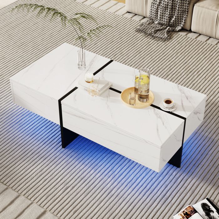 Table Basse LED Contrôlée par APP imitation Marbre Plateau Brillant 3 Tiroir Moderne Coffee Table Rectangulaire 100 x50x35cm Blanc