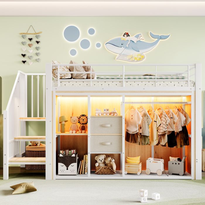 Lit mi-hauteur - KOMHTOM - 90x200 - 2 tiroirs - armoire ouverte - LED multicolore