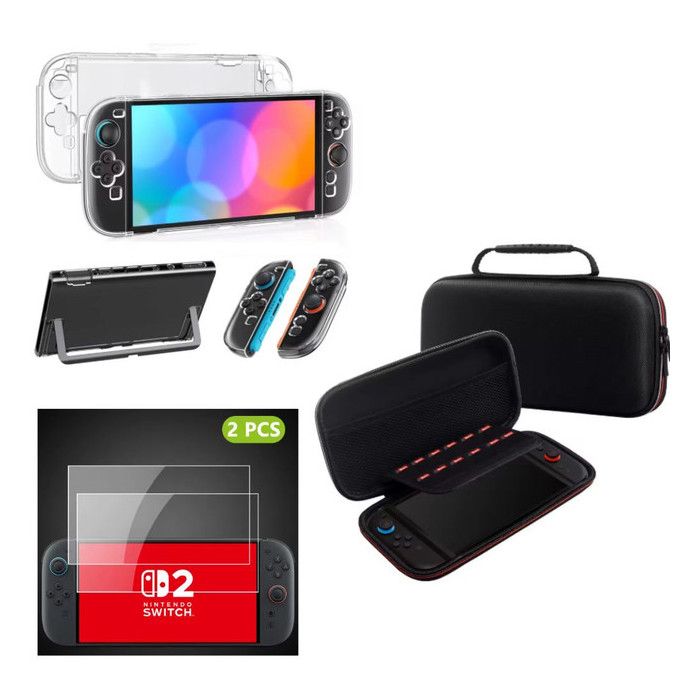 Pack Protection 4-en-1 pour Nintendo Switch 2: Sacoche de Transport Rigide EVA Noir + Coque Transparente Antichoc+ 2 Verres Trempés