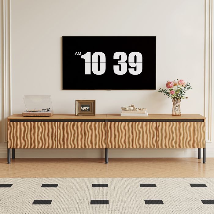 Meuble TV bas 180x35x43 cm-4 portes rainurées-2 compartiments avec passe-câbles-pieds métal-MDF et panneaux de particules-naturel