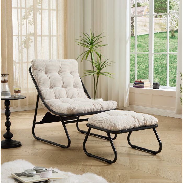WOVREO fauteuil de jardin avec repose-pieds acier noir et coussin blanc